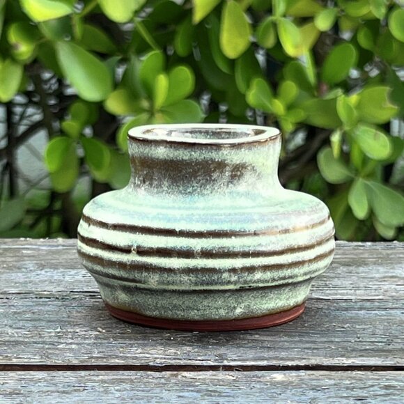 Vintage Artist Signed Blue Drip Brown Glaze Studio Pottery Vase Wheel Thrown Pot - Picture 2 of 5